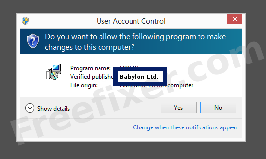 Screenshot where Babylon Ltd. appears as the verified publisher in the UAC dialog